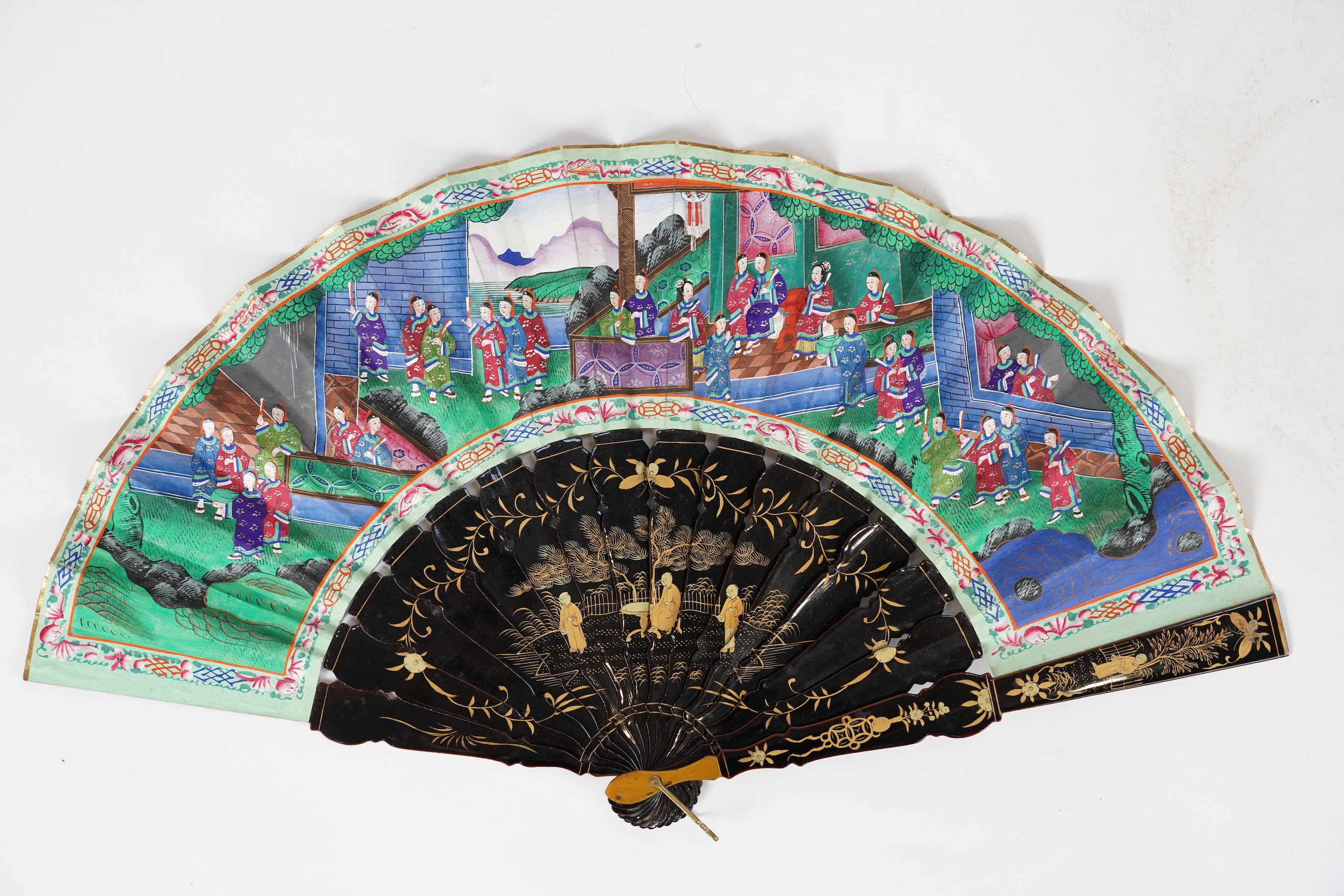 Three Chinese gilt-decorated black lacquer and painted leaf fans, 19th century